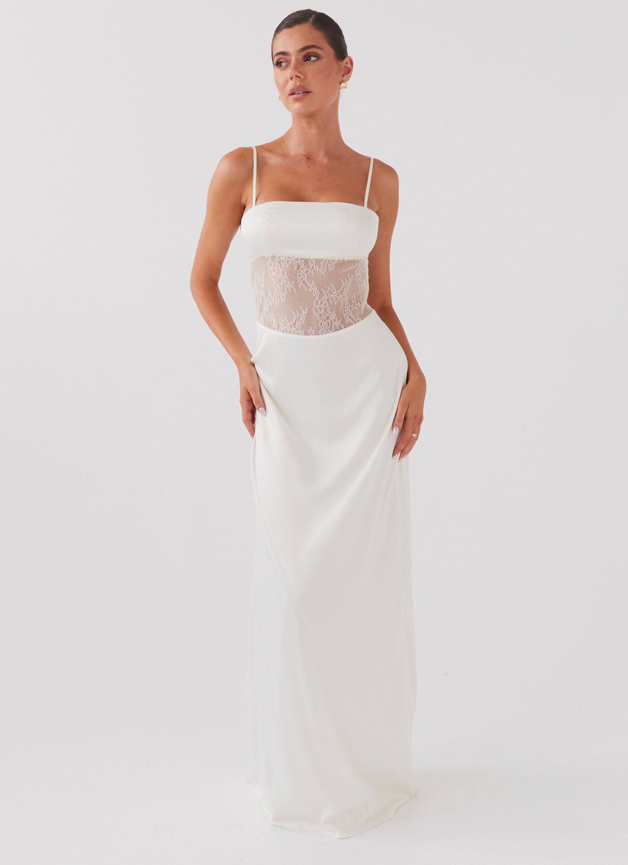 Womens Palais Royale Lace Maxi Dress in the colour Antique in front of a light grey background