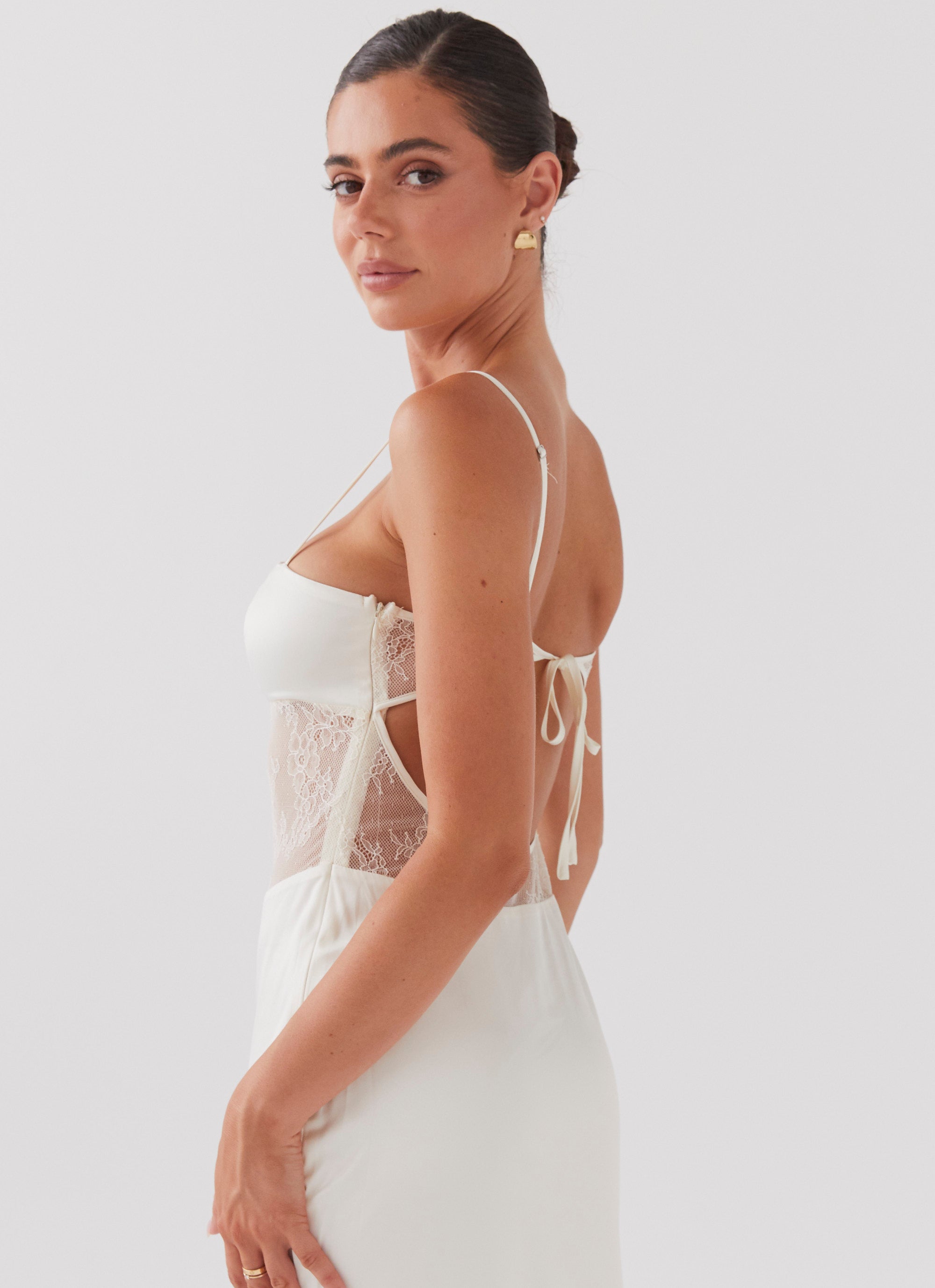 Womens Palais Royale Lace Maxi Dress in the colour Antique in front of a light grey background
