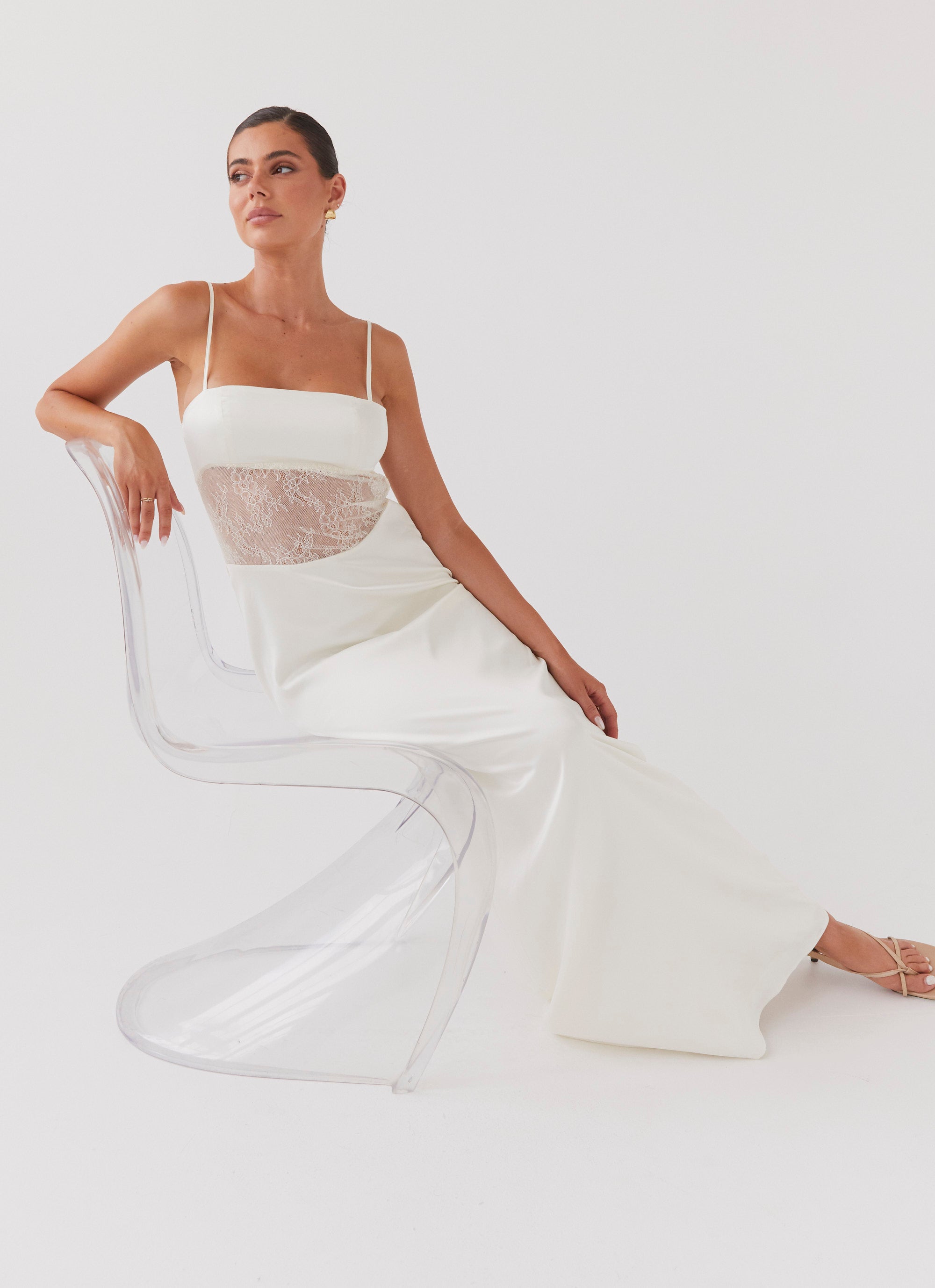 Womens Palais Royale Lace Maxi Dress in the colour Antique in front of a light grey background