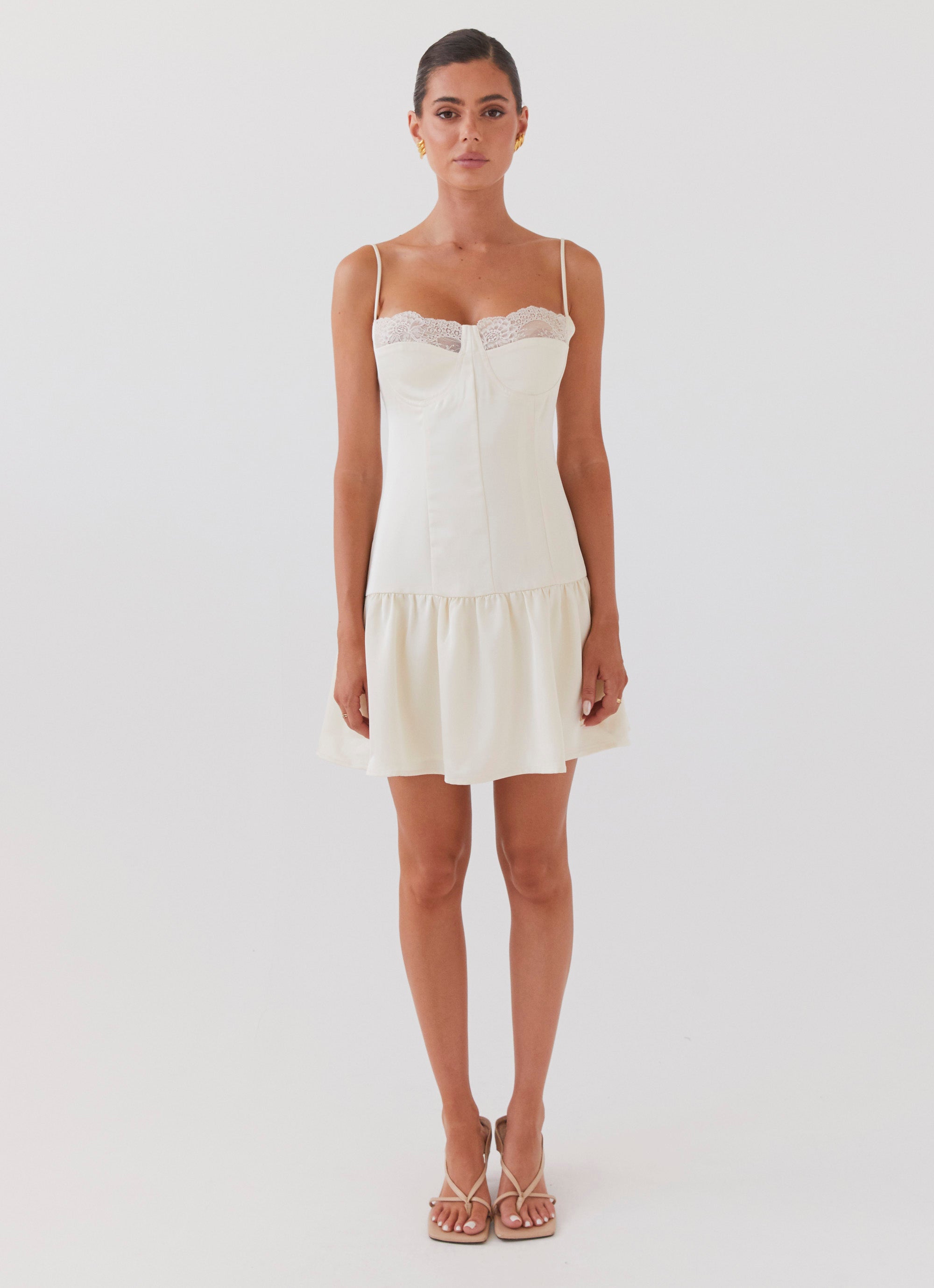 Womens Take A Chance Bustier Mini Dress in the colour Ivory in front of a light grey background