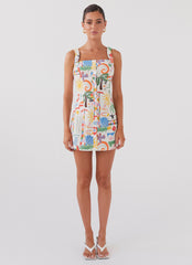 Womens Tori Linen Mini Dress in the colour Summer Palm in front of a light grey background