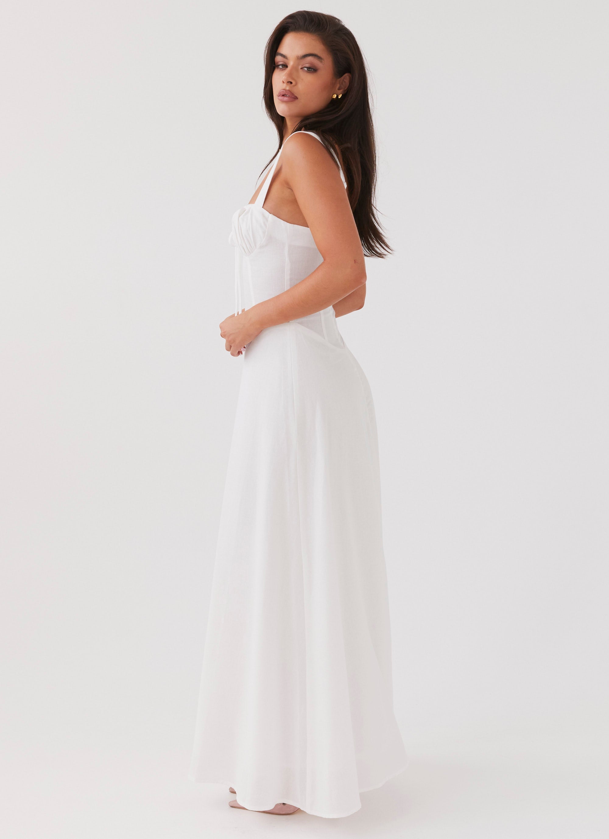 Womens Lucie Linen Maxi Dress in the colour White in front of a light grey background