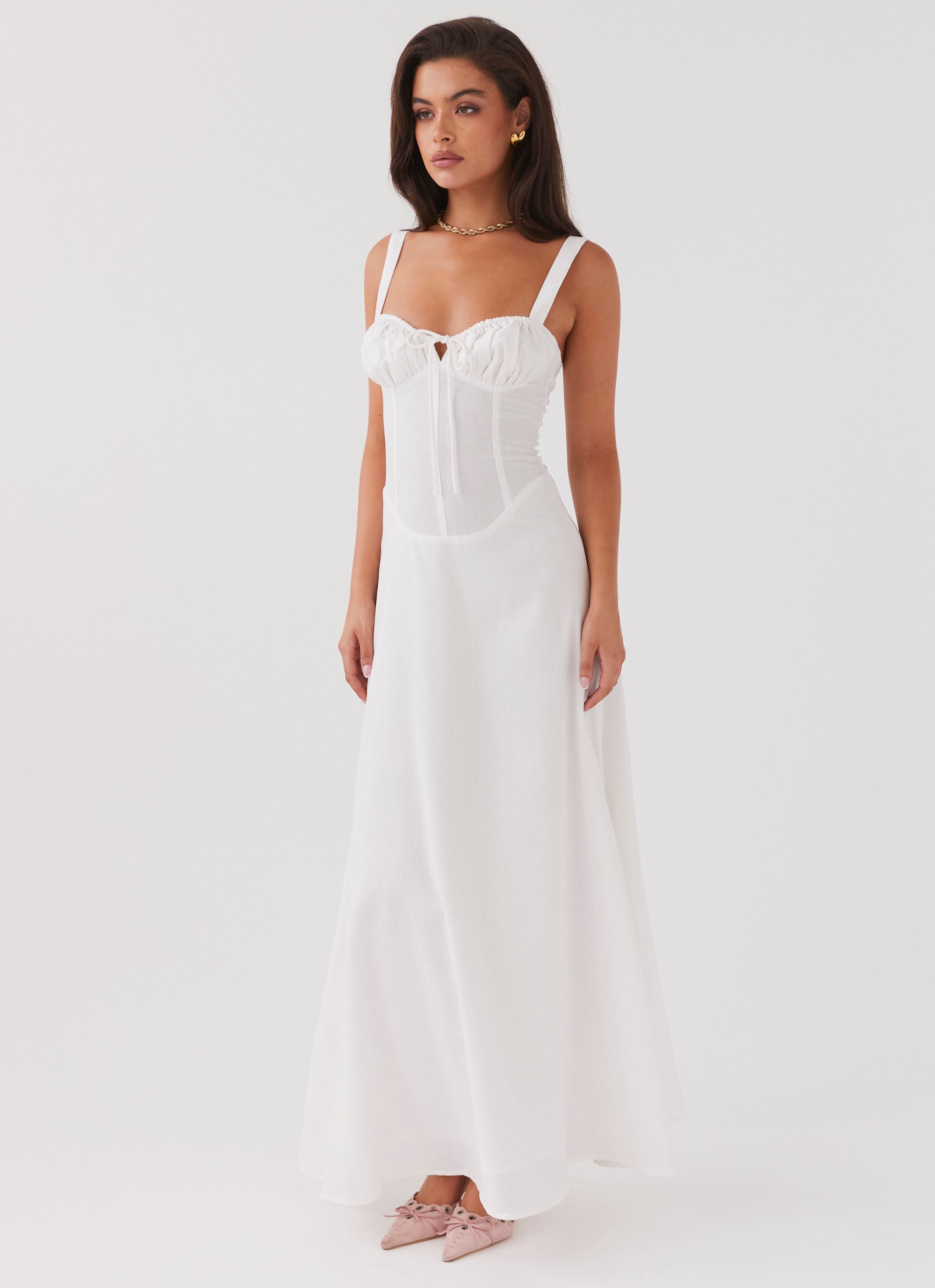 Womens Lucie Linen Maxi Dress in the colour White in front of a light grey background