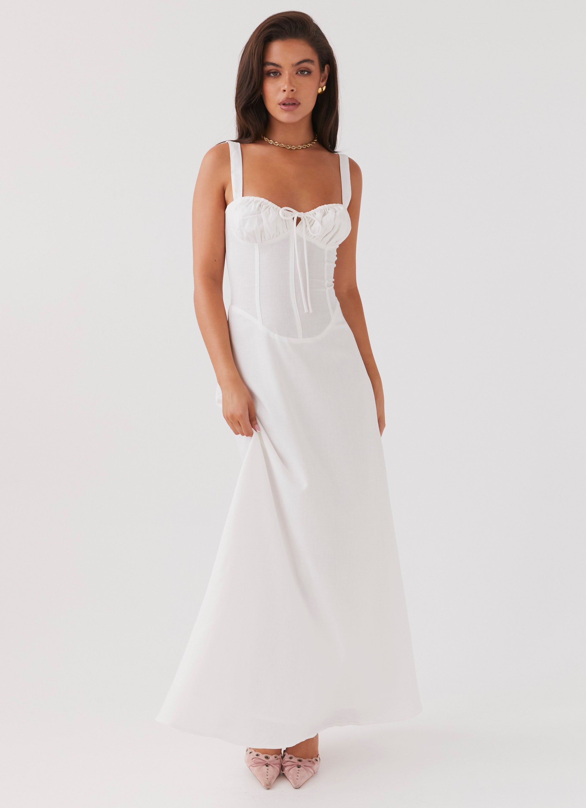 Womens Lucie Linen Maxi Dress in the colour White in front of a light grey background