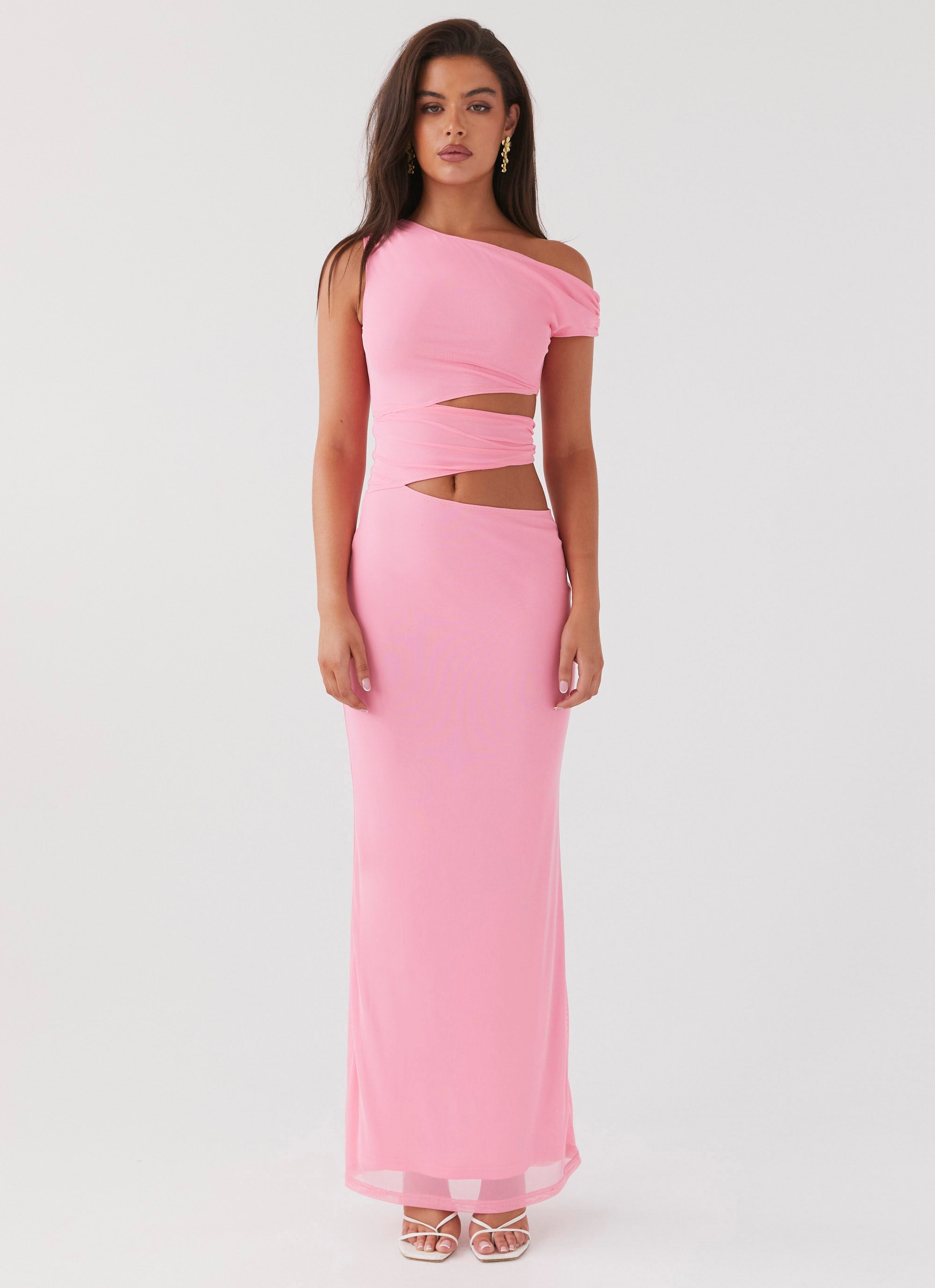 Womens Margot One Shoulder Maxi Dress in the colour Candy in front of a light grey background