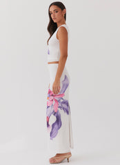Womens Waiting For Dawn Mesh Maxi Skirt in the colour White in front of a light grey background