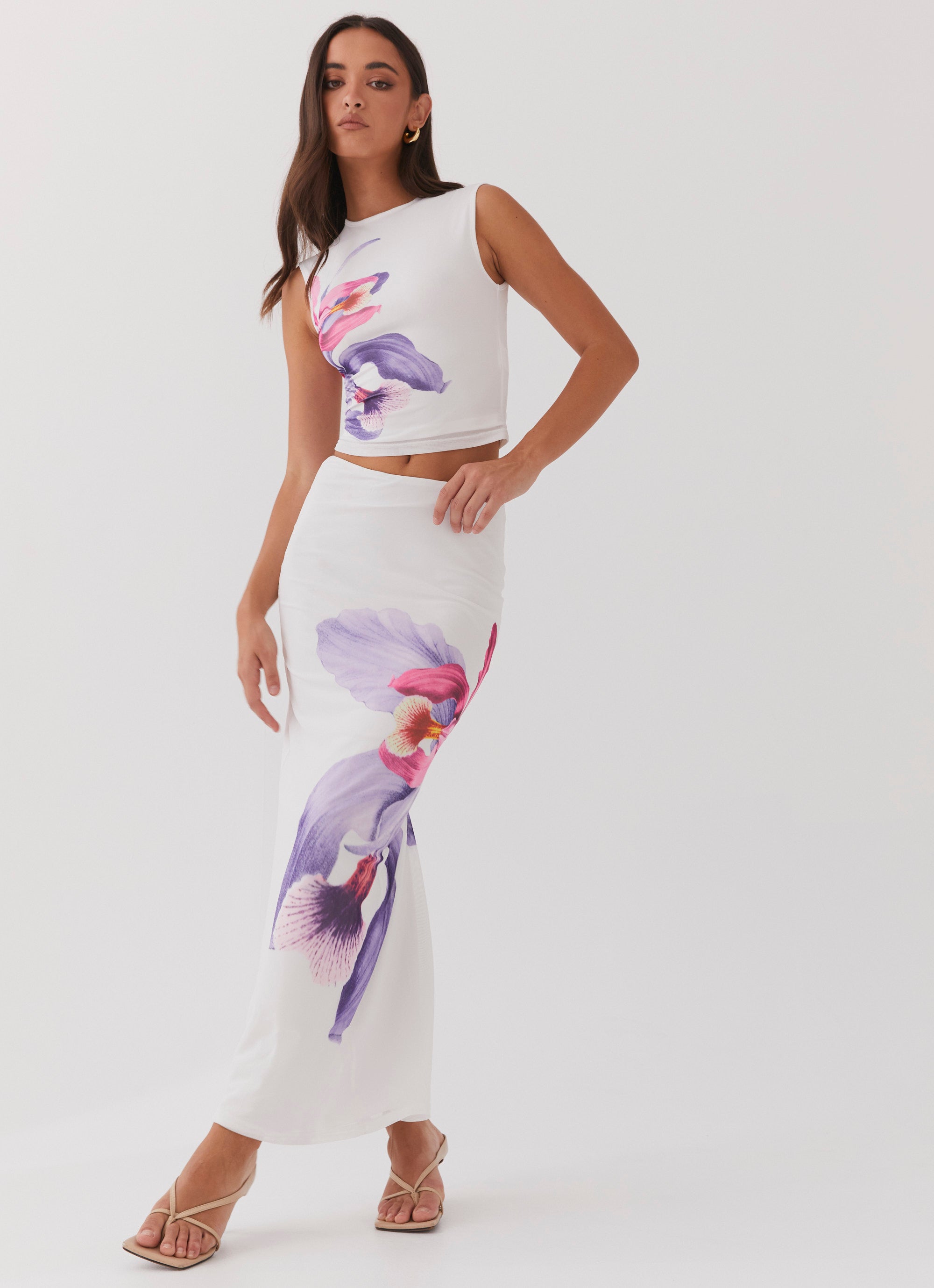 Womens Waiting For Dawn Mesh Maxi Skirt in the colour White in front of a light grey background
