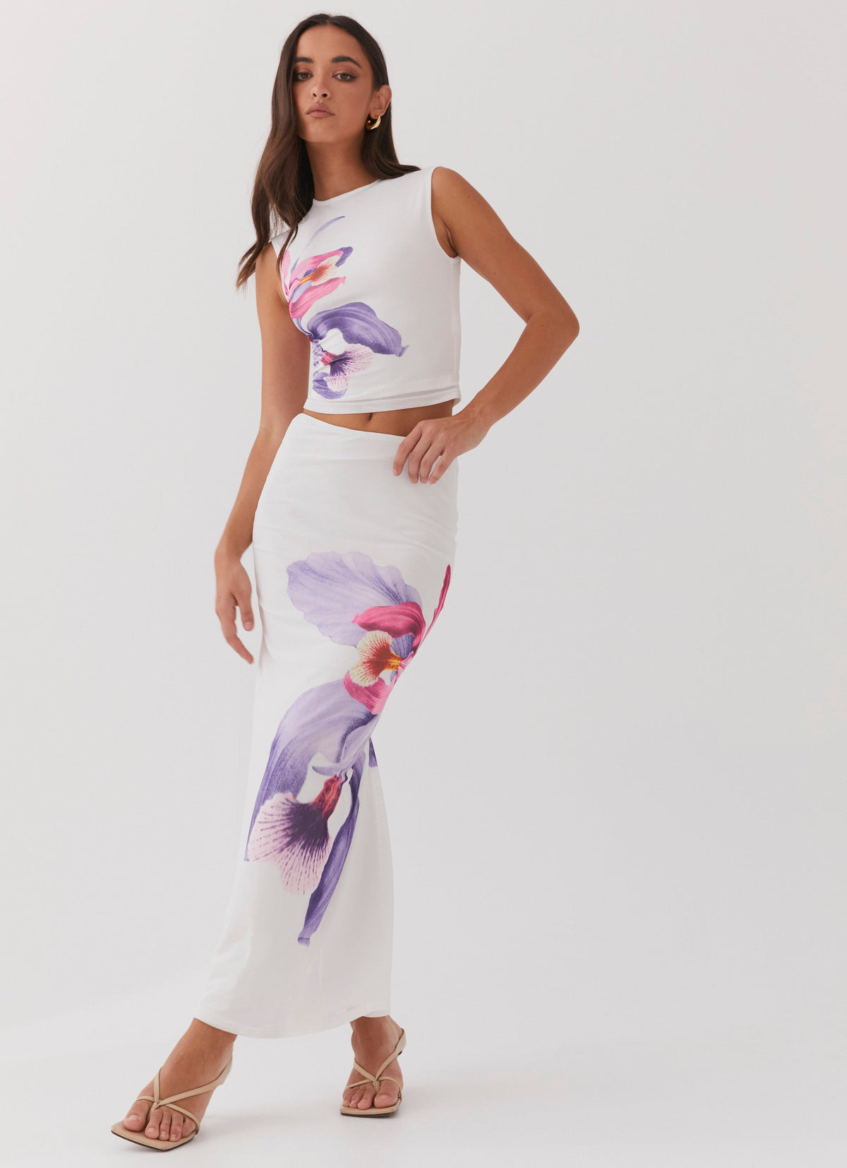Womens Waiting For Dawn Mesh Maxi Skirt in the colour White in front of a light grey background