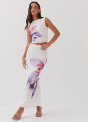 Womens Waiting For Dawn Mesh Maxi Skirt in the colour White in front of a light grey background