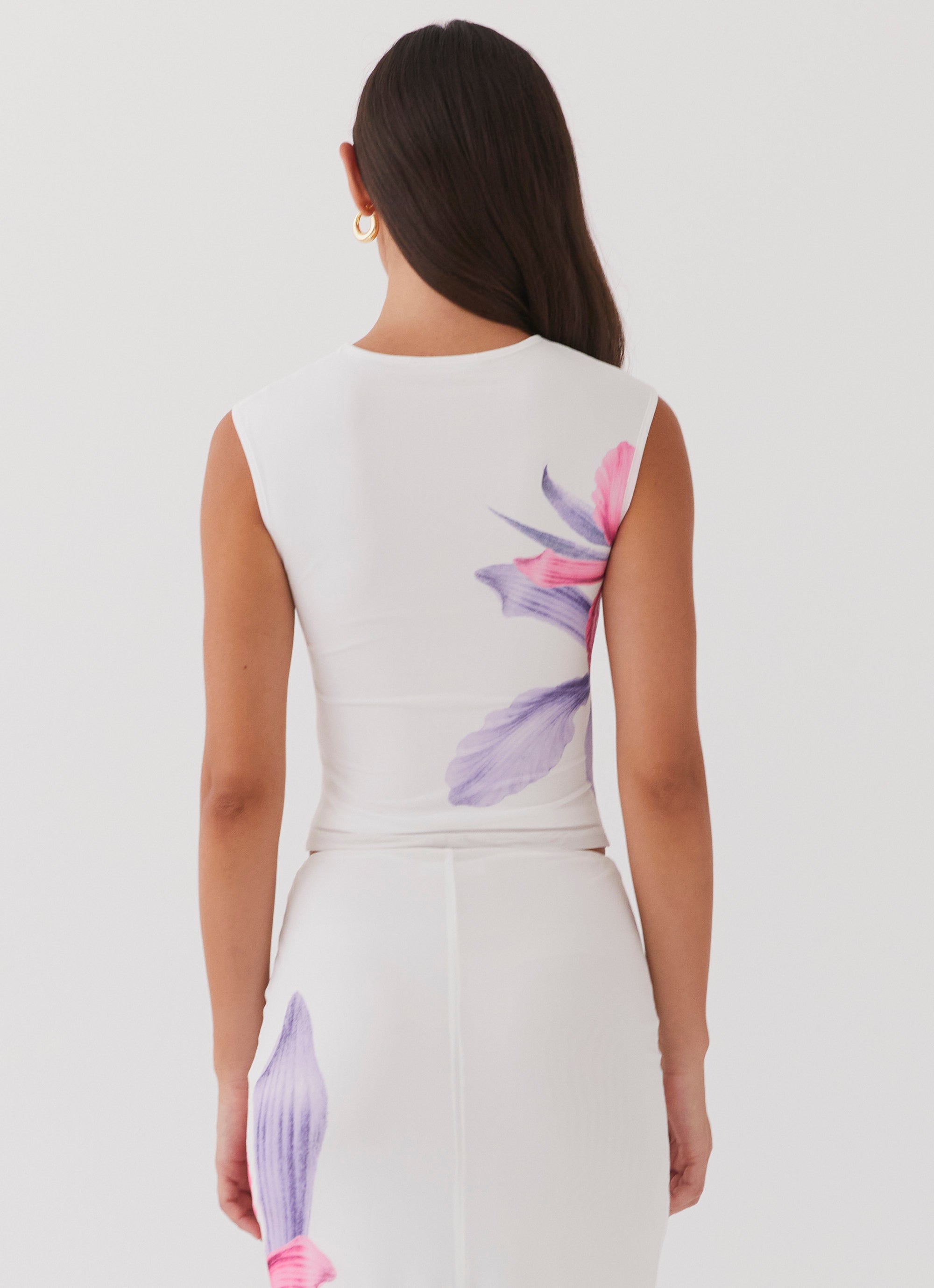 Womens Waiting For Dawn Mesh Top in the colour White in front of a light grey background