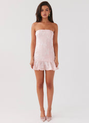 Womens Young Heart Mini Dress in the colour Pink Petal in front of a light grey background