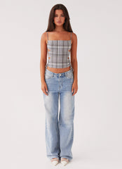 Womens Trista Tie Top in the colour Grey Tartan in front of a light grey background