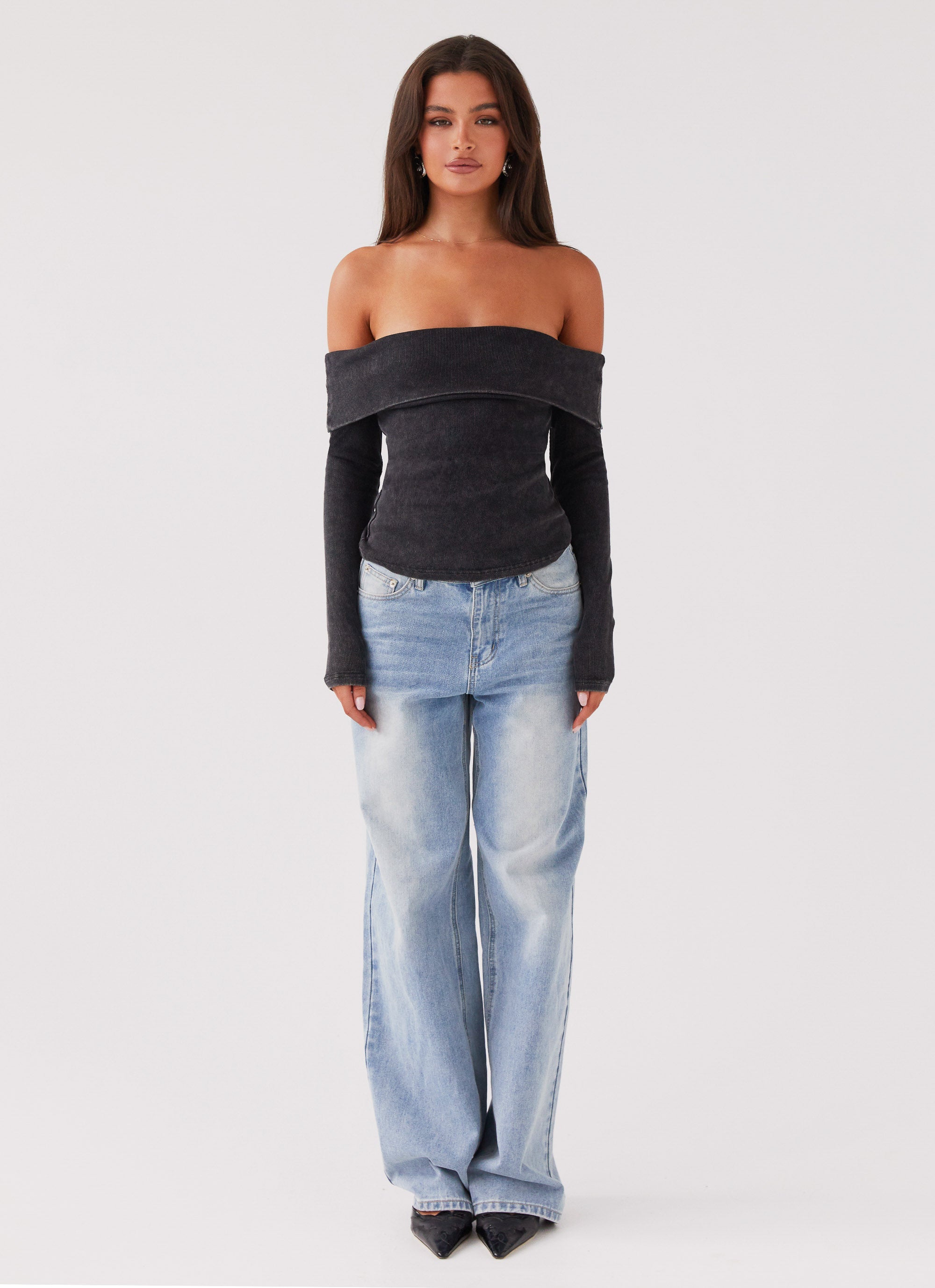 Womens Hayley Long Sleeve Ribbed Top in the colour Charcoal Acid Wash in front of a light grey background