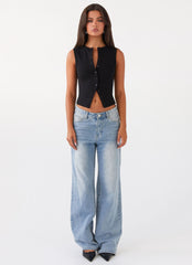 Womens Blair Buttoned Tank Top in the colour Black in front of a light grey background
