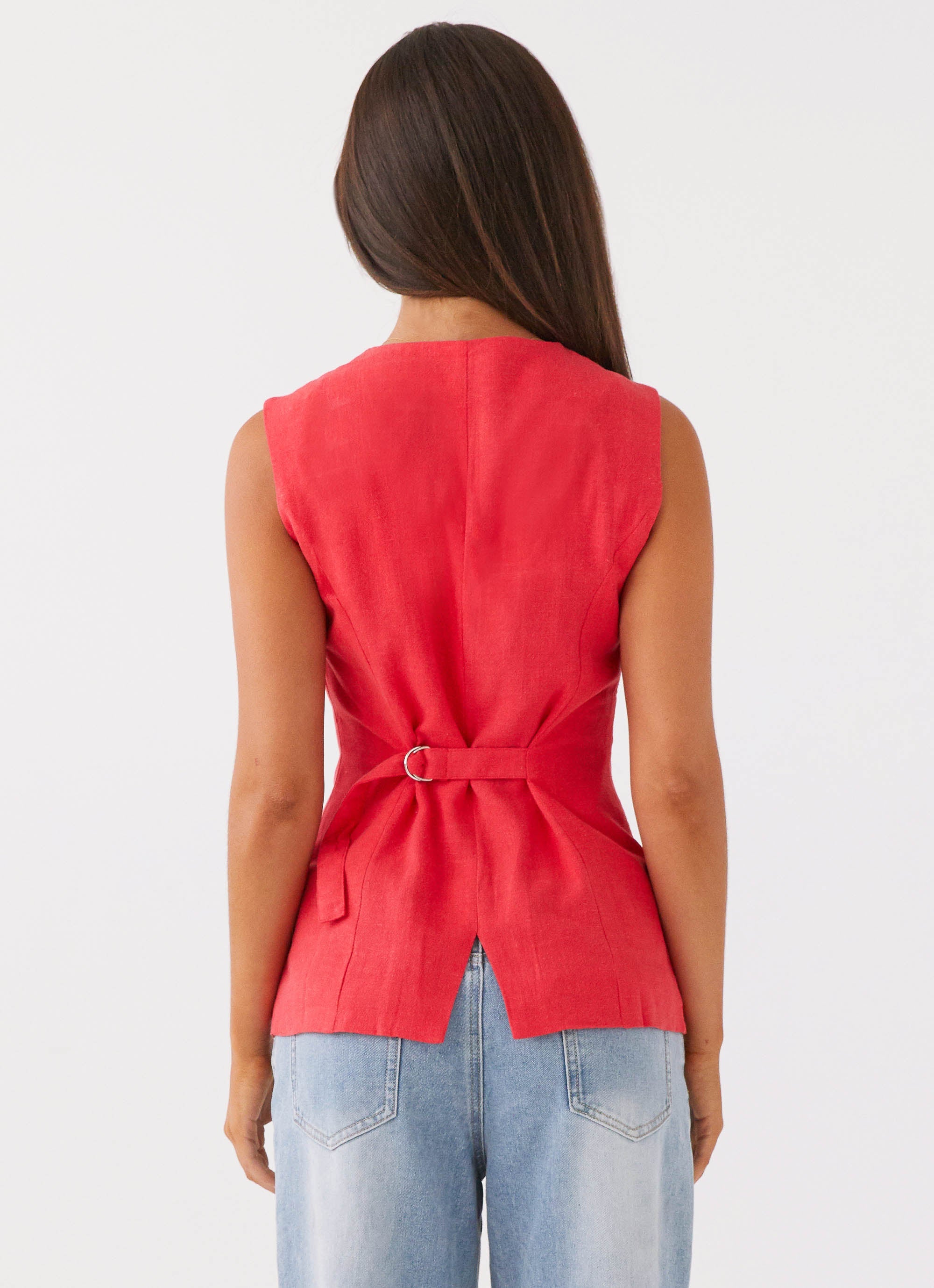 Womens Born For Bordeaux Linen Vest in the colour Poppy Red in front of a light grey background