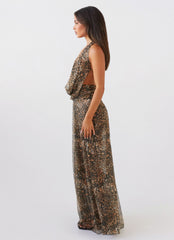 Womens Elysia Mesh Maxi Dress in the colour Leopard in front of a light grey background