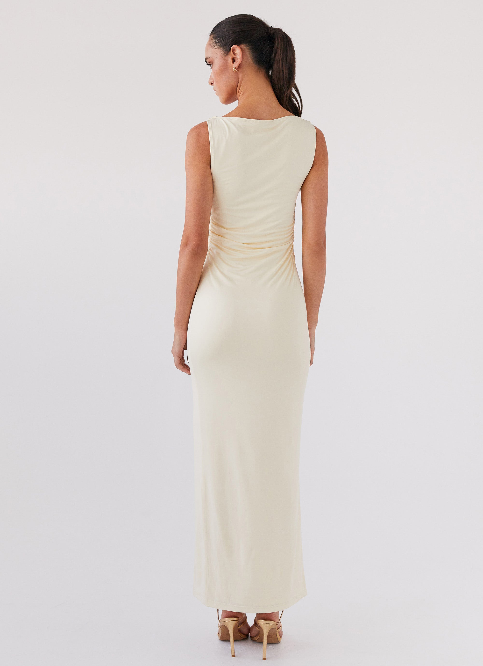 Womens Stay With Me Frill Maxi Dress in the colour Buttercream in front of a light grey background