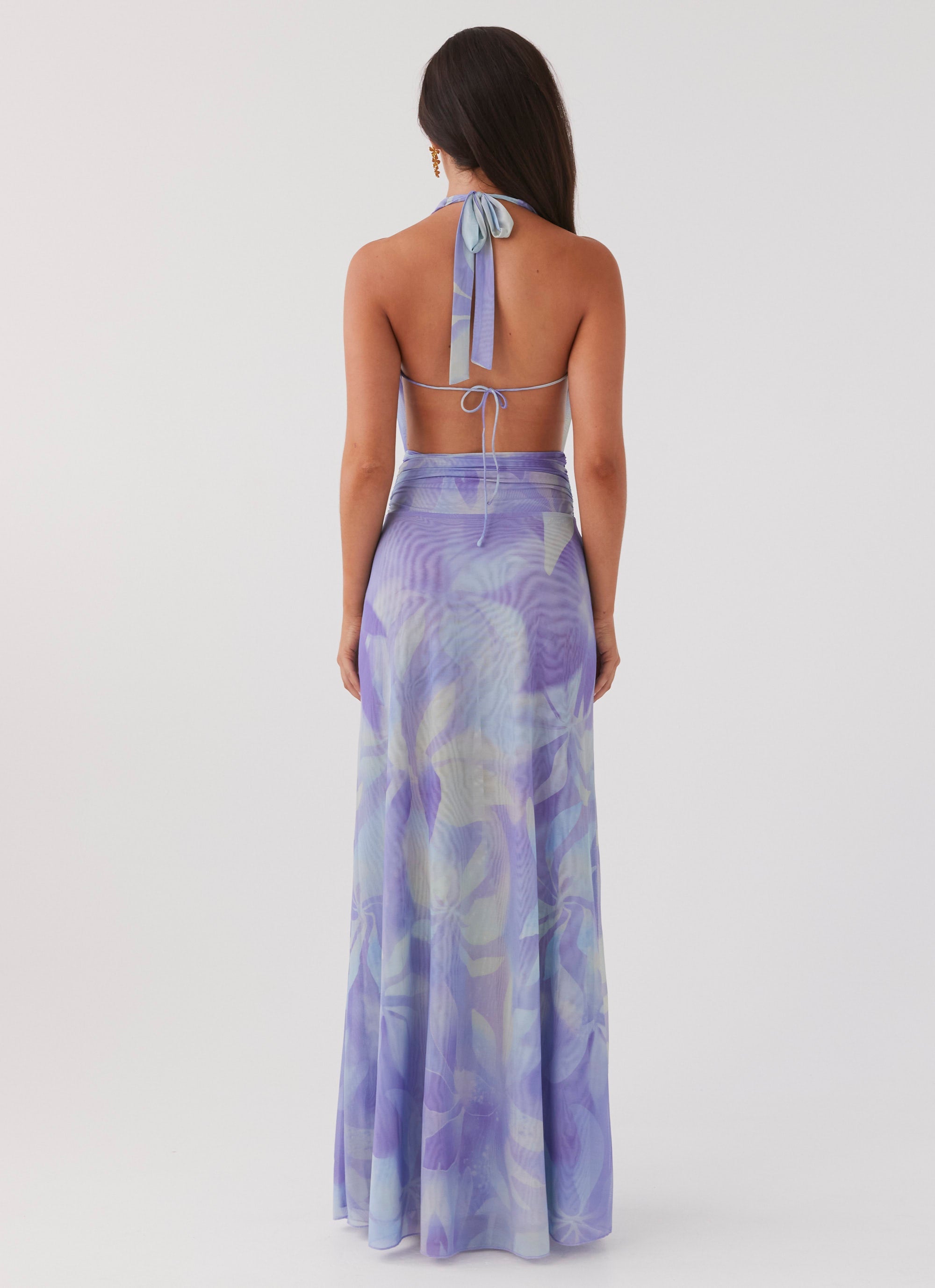 Womens Elysia Mesh Maxi Dress in the colour Purple Rain in front of a light grey background