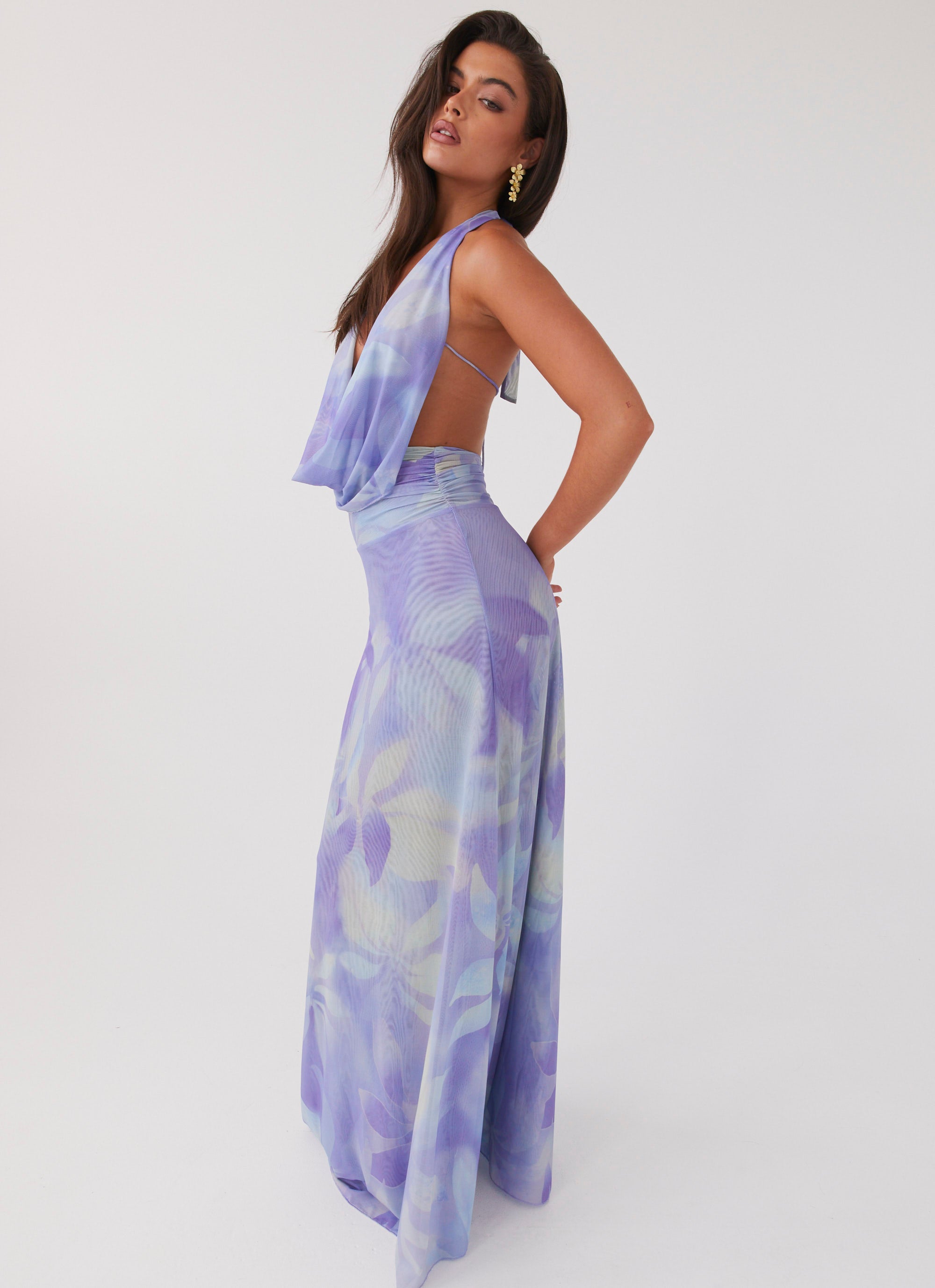 Womens Elysia Mesh Maxi Dress in the colour Purple Rain in front of a light grey background