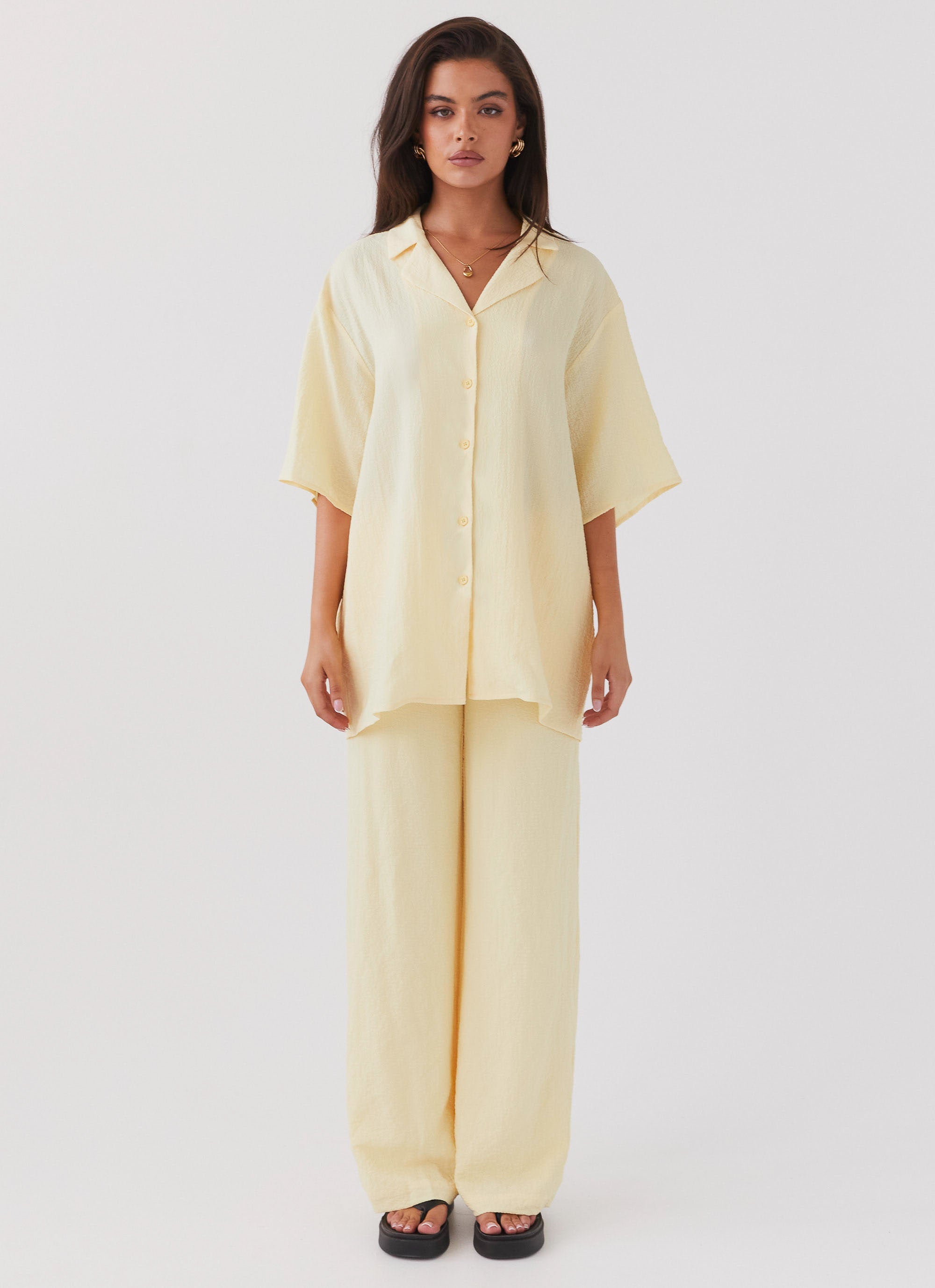 Womens The Good Days Shirt in the colour Lemon in front of a light grey background