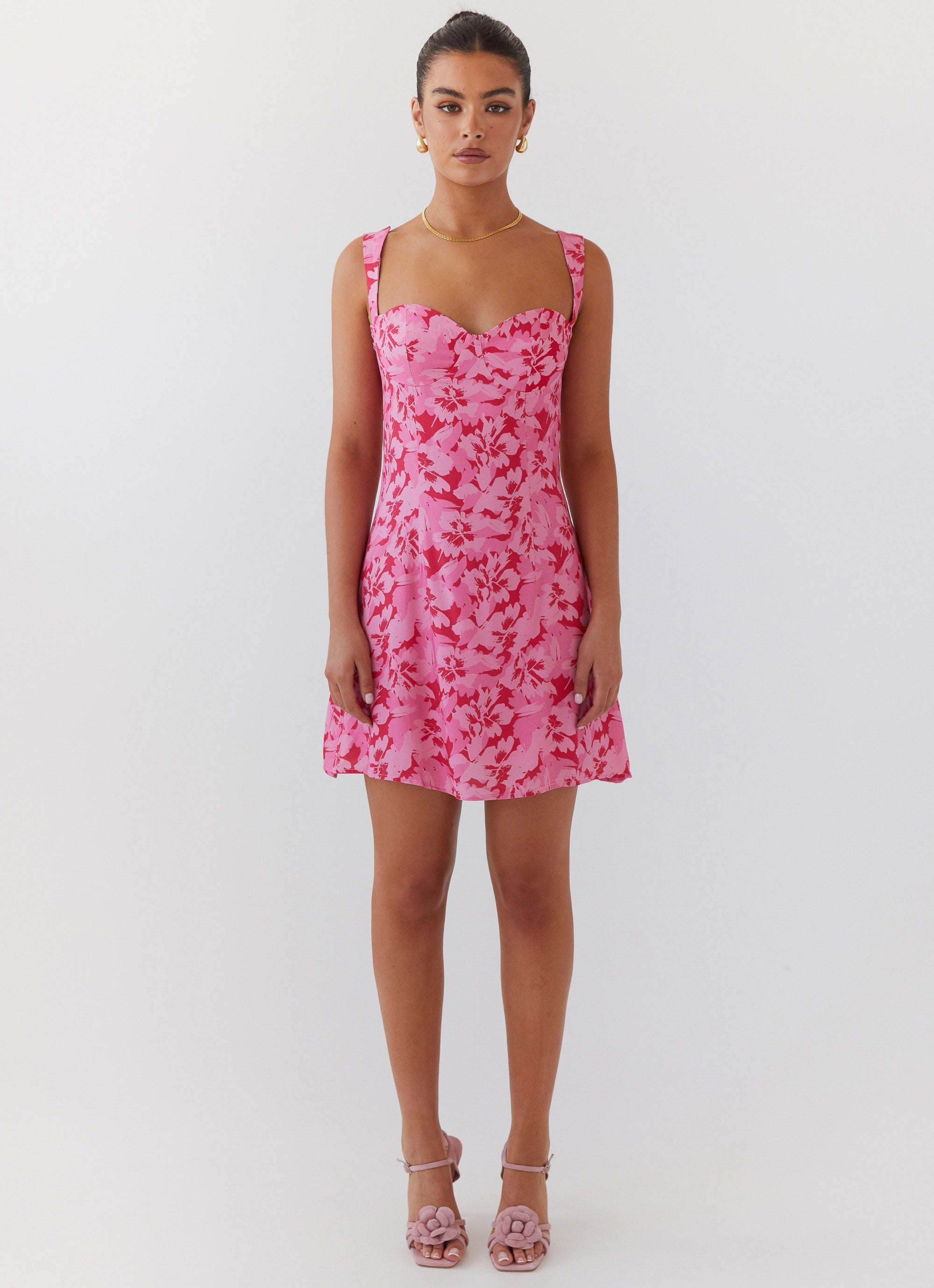 Womens Kiah Bustier Mini Dress in the colour Cherry Blossom in front of a light grey background