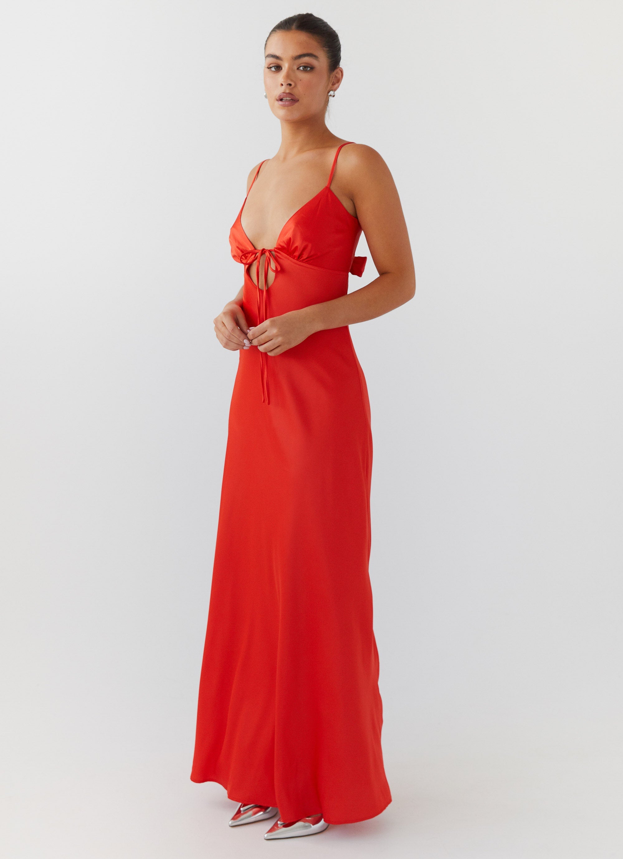 Womens Flora Satin Maxi Dress in the colour Citrus in front of a light grey background