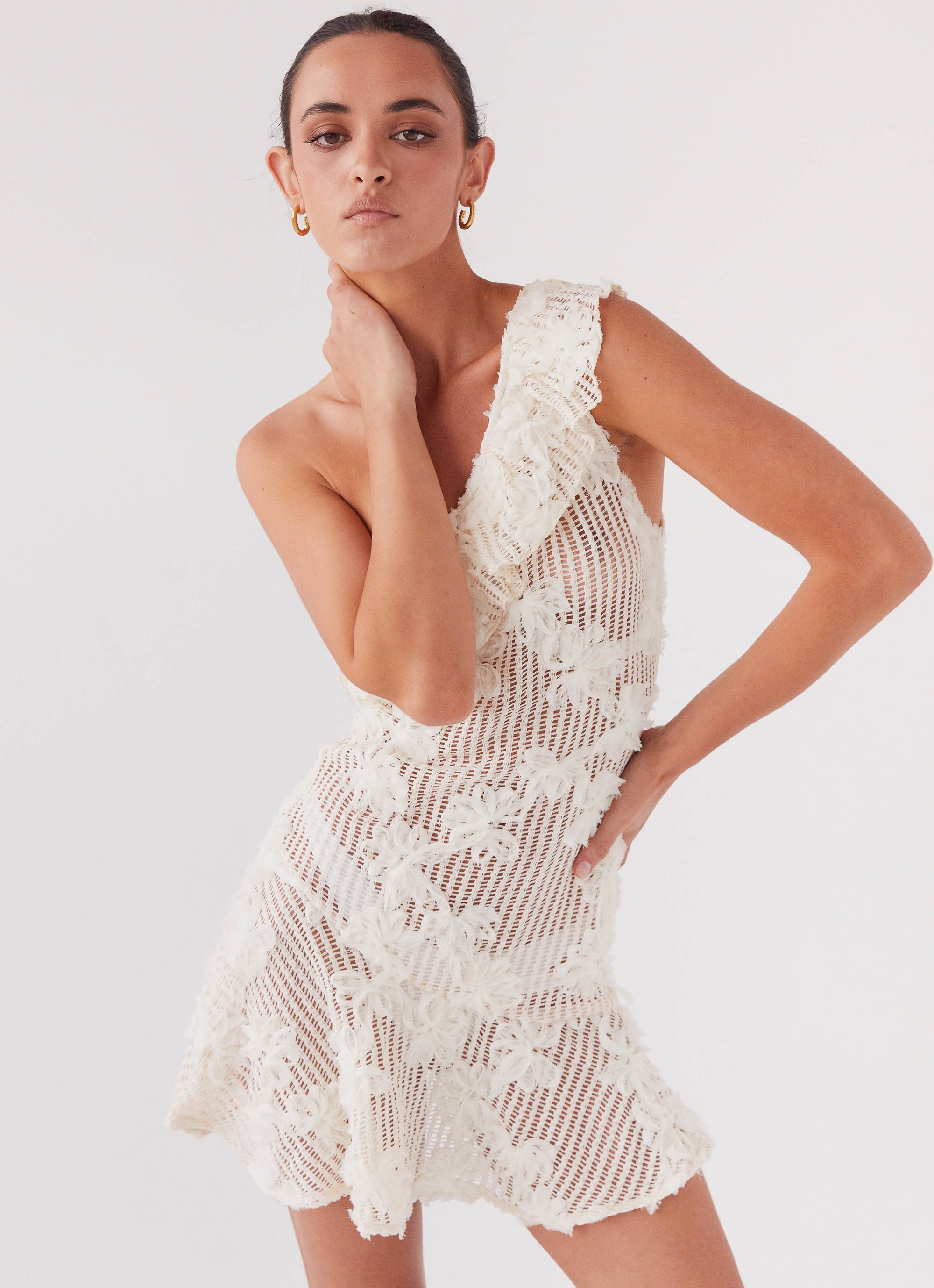 Womens Juliette Embroidered Mini Dress in the colour Ivory Tea in front of a light grey background
