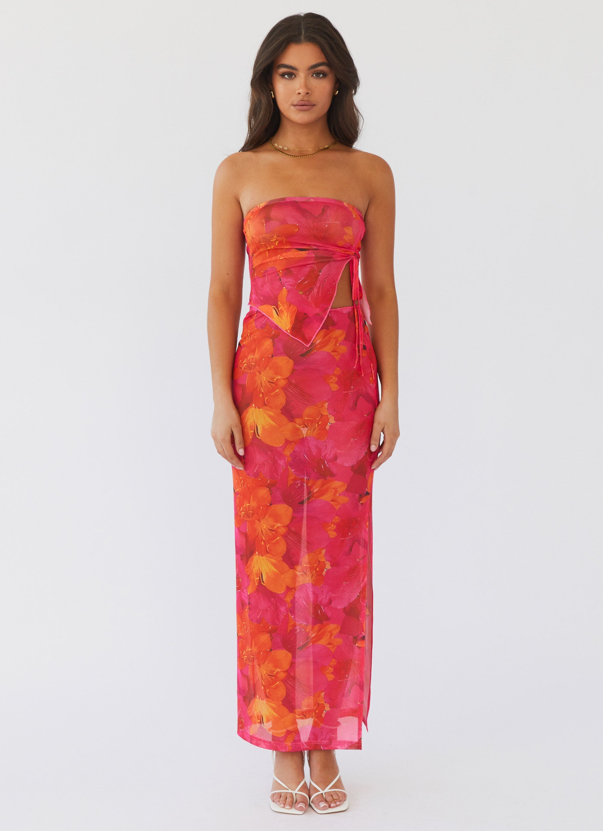 Womens Rooftop Party Mesh Tube Top in the colour Floral Sun in front of a light grey background