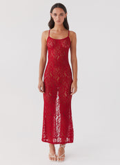 Womens Leona Lace Maxi Dress in the colour Red Rose in front of a light grey background