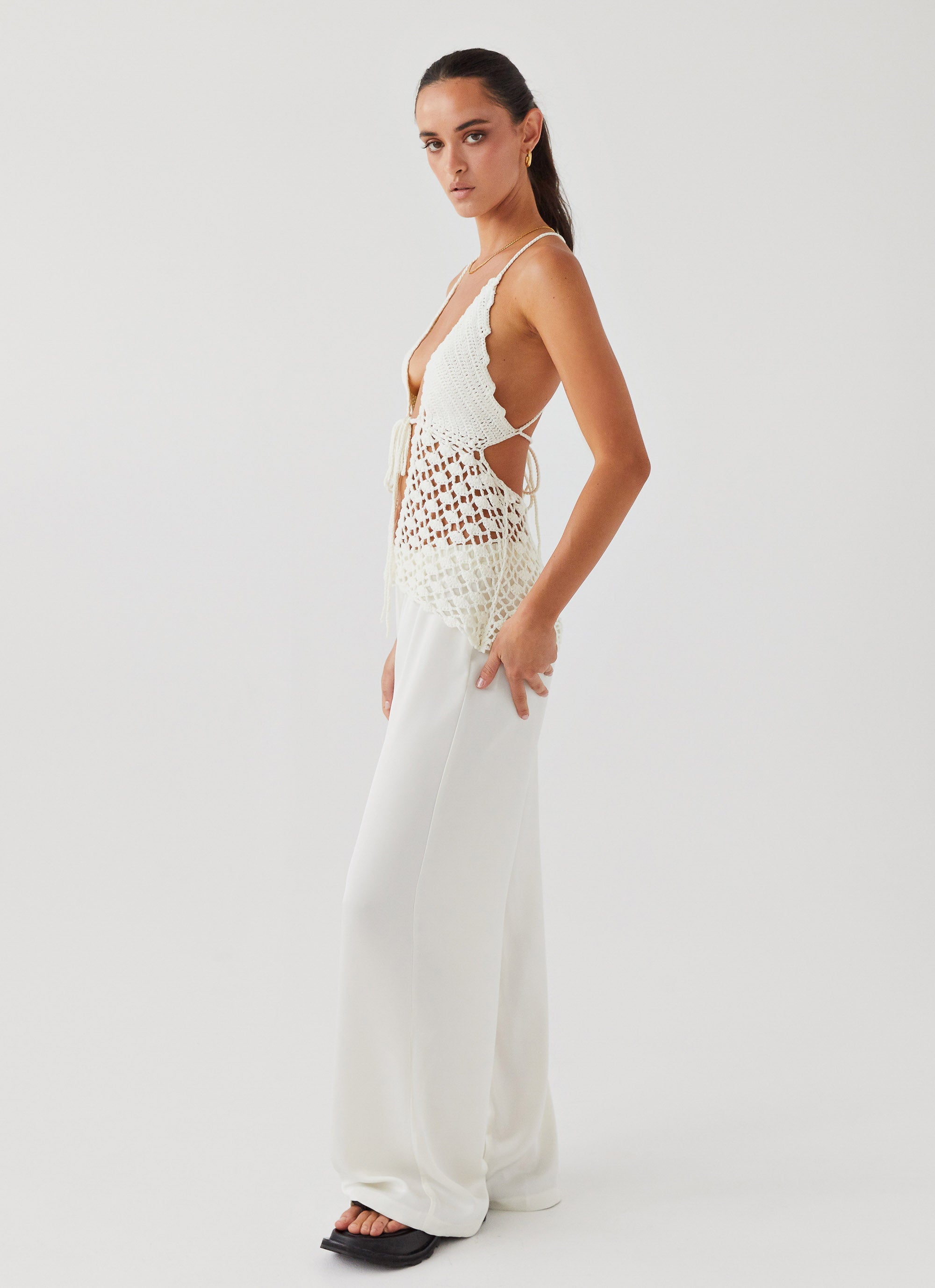 Womens Into You Crochet Tie Top in the colour Ivory in front of a light grey background