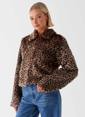 Womens Raleigh Fur Jacket in the colour Leopard in front of a light grey background
