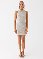 Womens Shine Bright Sequin Mini Dress in the colour Ivory in front of a light grey background