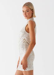 Womens Shine Bright Sequin Mini Dress in the colour Ivory in front of a light grey background