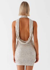 Womens Shine Bright Sequin Mini Dress in the colour Ivory in front of a light grey background