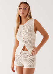 Womens Sierra Crochet Mini Shorts in the colour Ivory in front of a light grey background