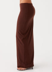 Womens Solace Soul Maxi Skirt in the colour Chocolate in front of a light grey background