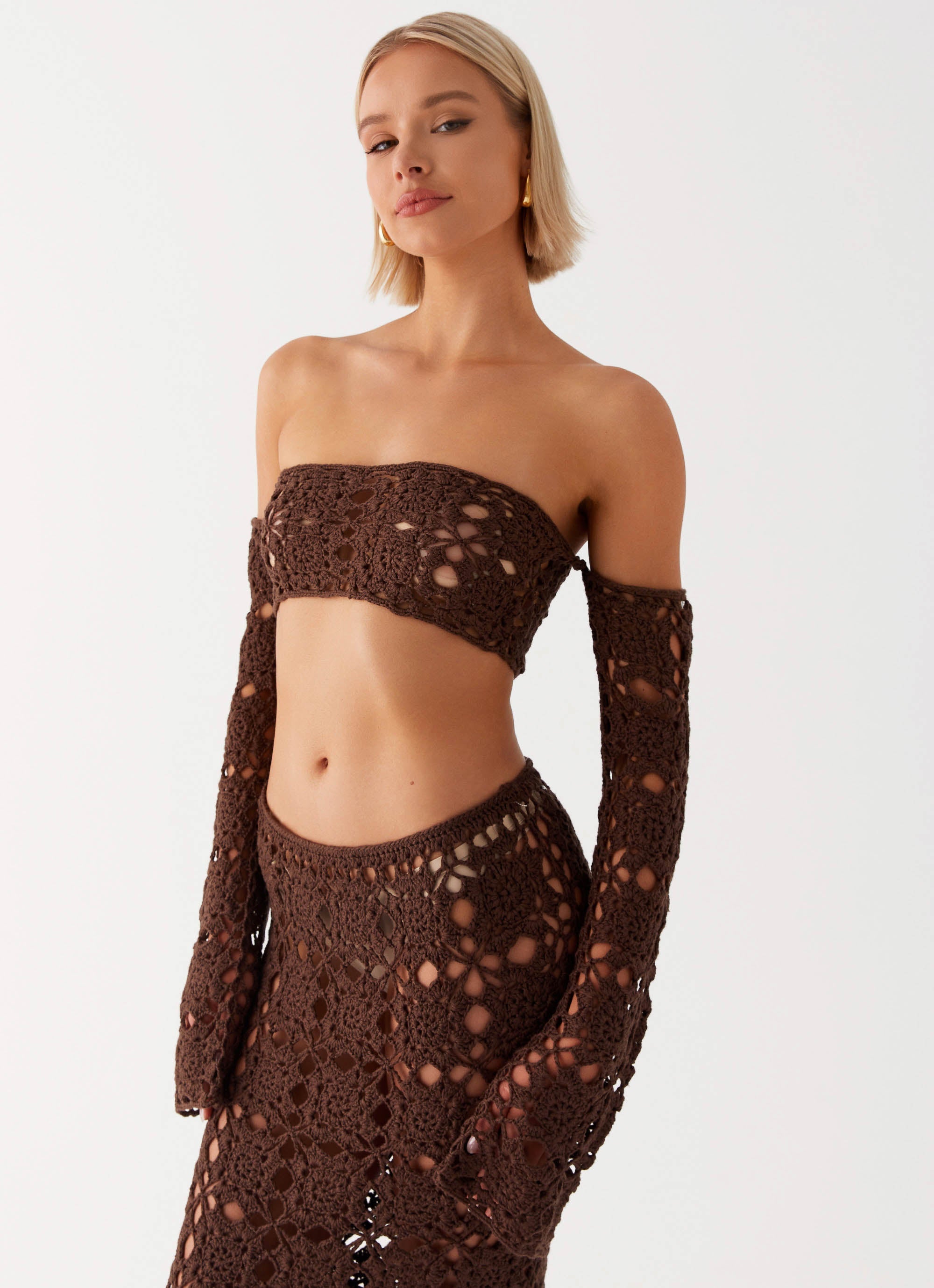 Womens Sorrentino Crochet Long Sleeve Top in the colour Chocolate in front of a light grey background