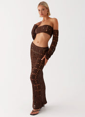 Womens Sorrentino Crochet Maxi Skirt in the colour Chocolate in front of a light grey background
