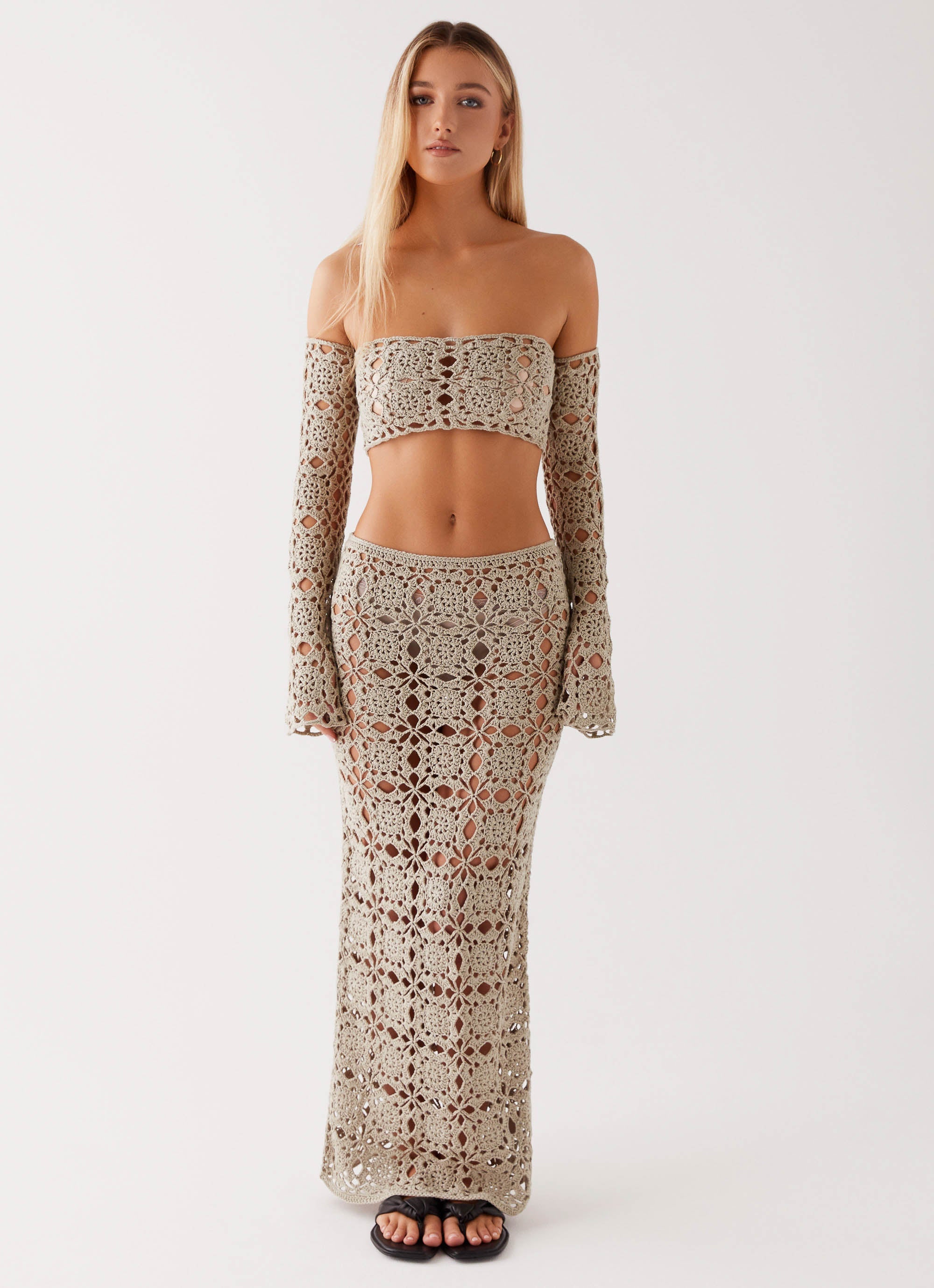 Womens Sorrentino Crochet Long Sleeve Top in the colour Sage in front of a light grey background