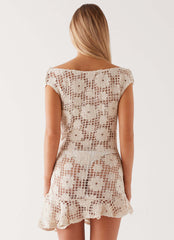 Womens Sunnyside Crochet Mini Dress in the colour Ivory in front of a light grey background