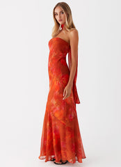 Womens Under The Pagoda Maxi Dress in the colour Amber in front of a light grey background