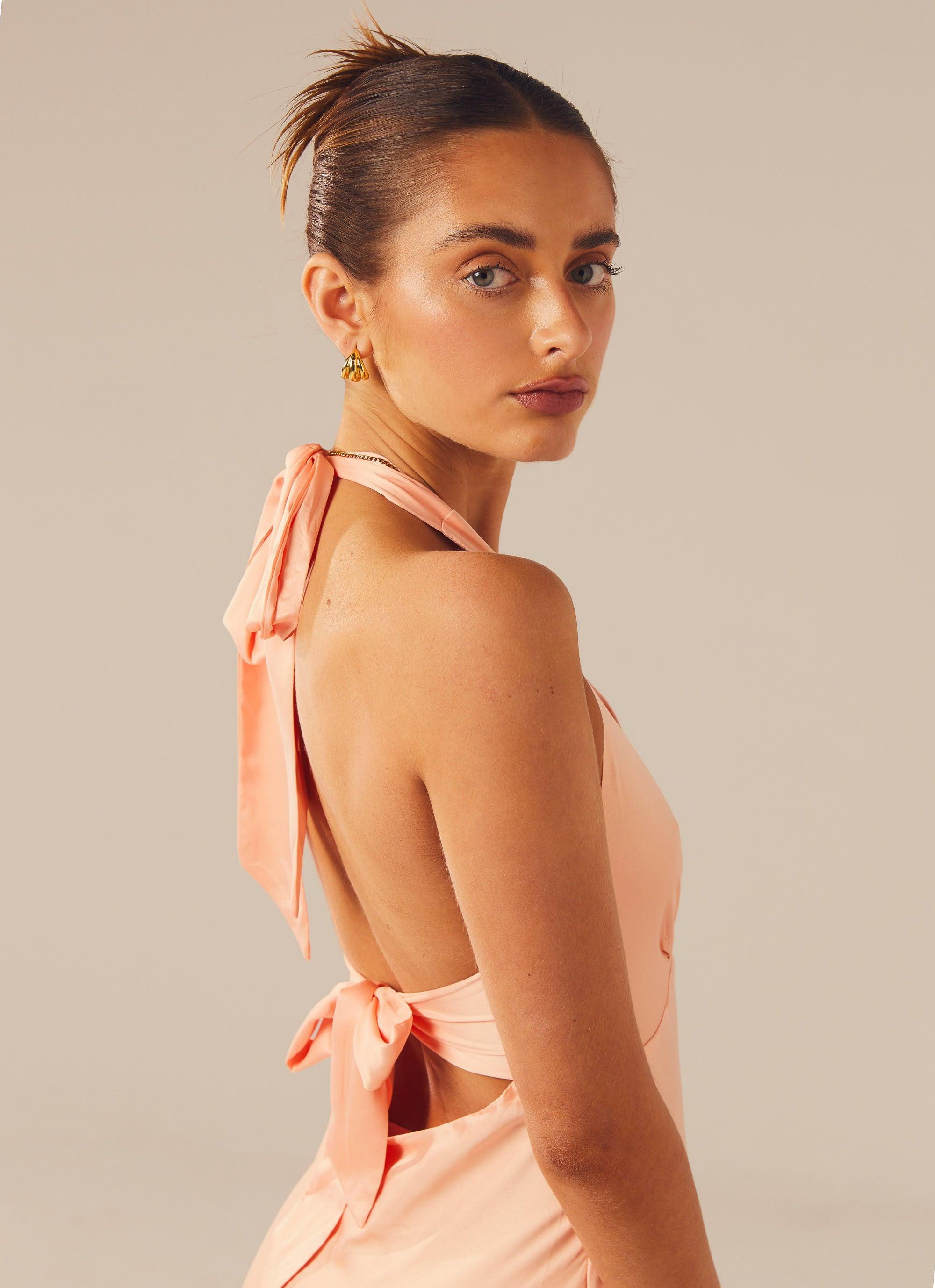 Heavy Hearted Satin Maxi Dress - Peach - Peppermayo US