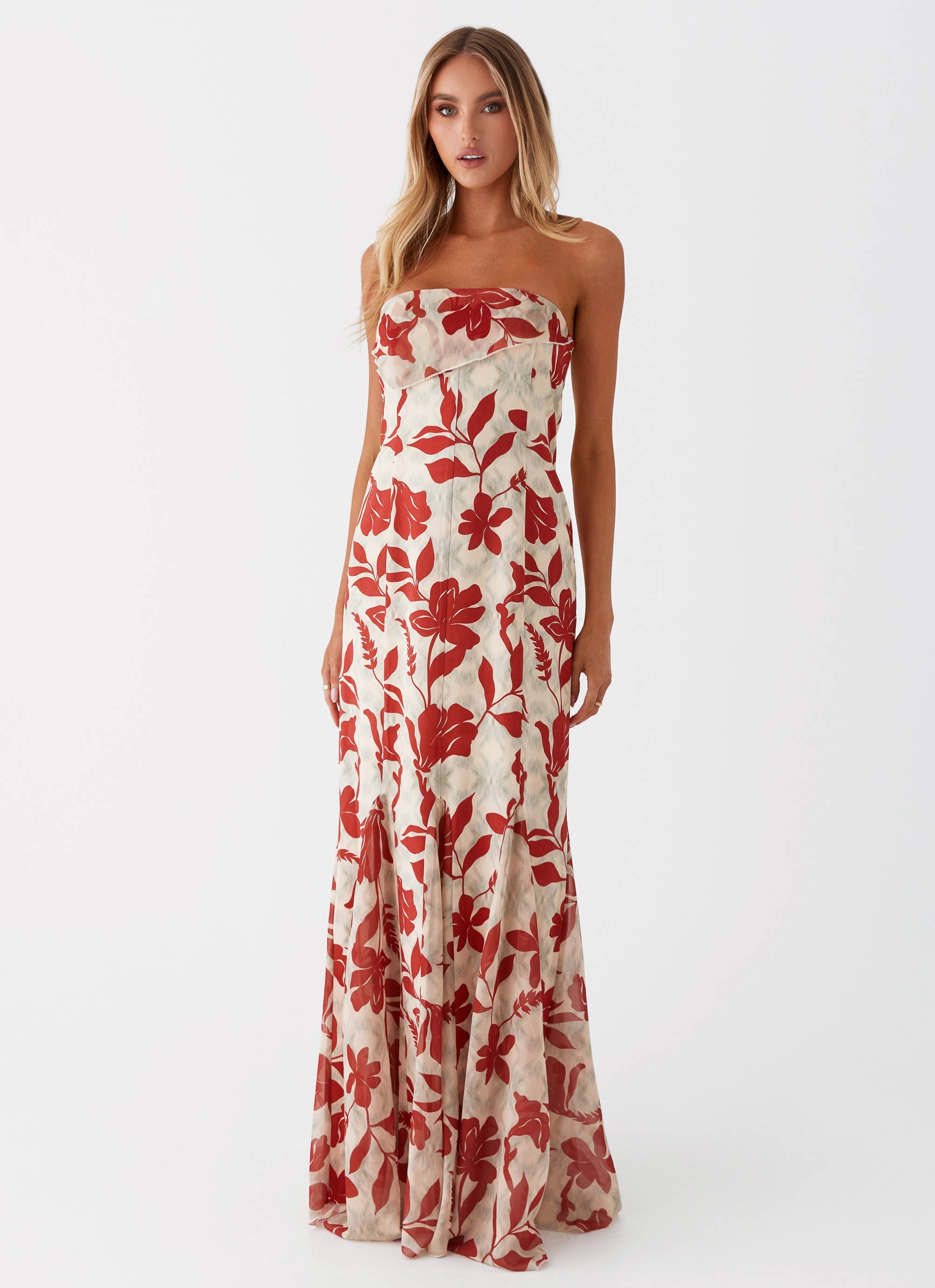 Womens Willa Maxi Dress in the colour Red Green Floral in front of a light grey background