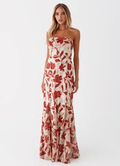 Womens Willa Maxi Dress in the colour Red Green Floral in front of a light grey background