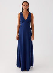 Womens Winnie Cowl Back Maxi Dress in the colour Navy in front of a light grey background