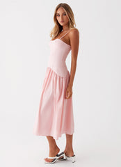 Womens Yvette Corset Midi Dress in the colour Pink in front of a light grey background