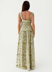 Womens Zinna Linen Maxi Dress in the colour Sage Floral in front of a light grey background