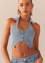 Backstage Pass Denim Vest top - Subdued Blue - Peppermayo US