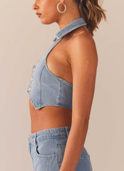 Backstage Pass Denim Vest top - Subdued Blue - Peppermayo US