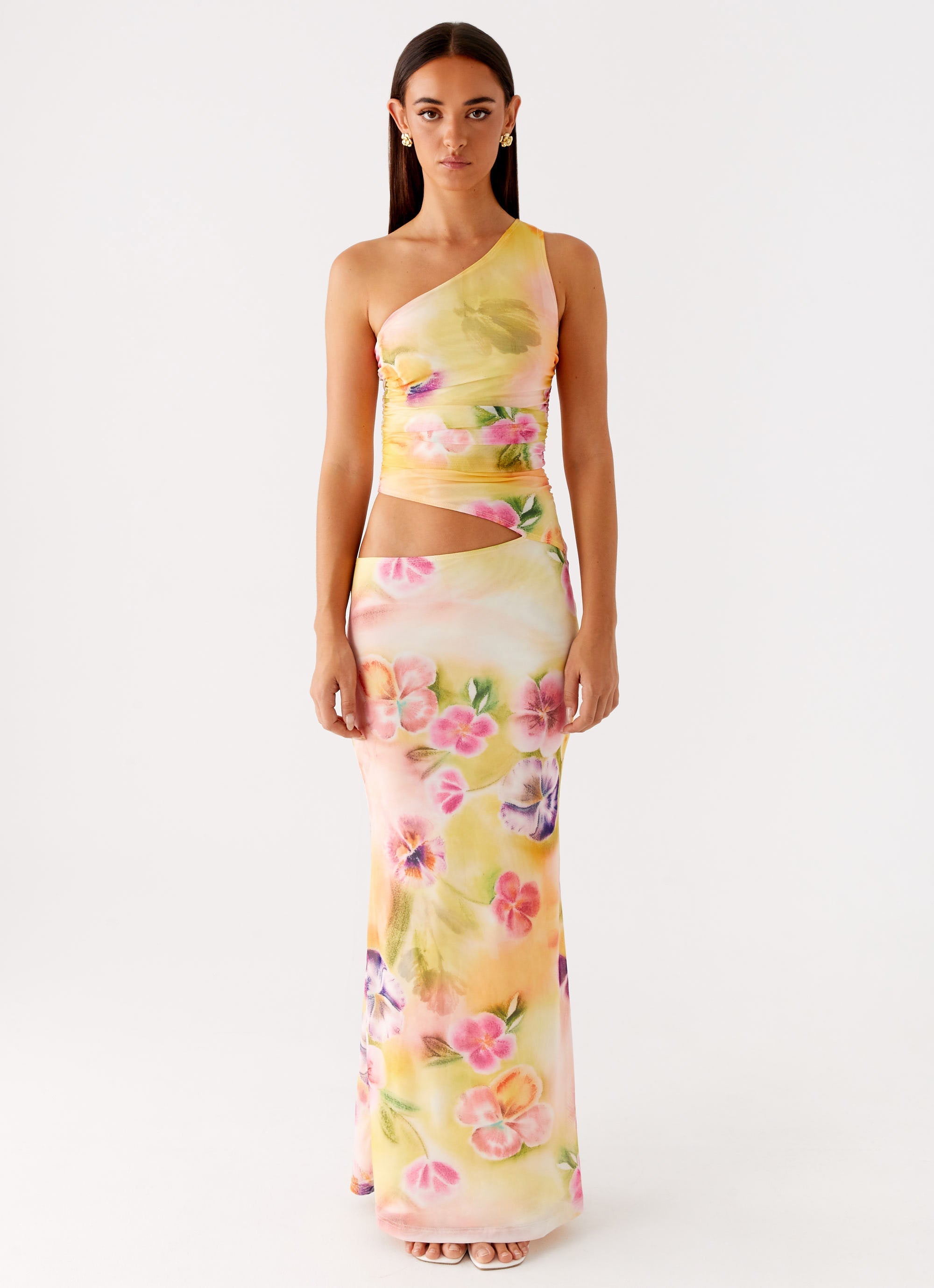 Seranella One Shoulder Maxi Dress Sunset Floral 1 Peppermayo
